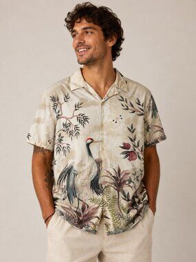 Express Men's Size S Button Front Short Sleeve Top Crane Bird Tropical Vacay